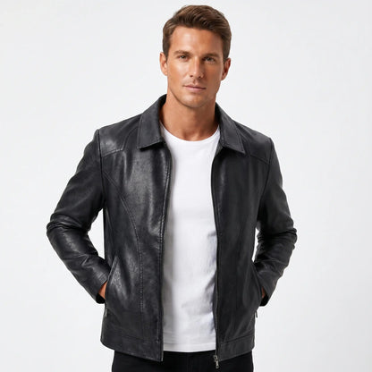 Men's Leather Fall Jacket Point Collar Zip-Up Relaxed-Fit Edenforth