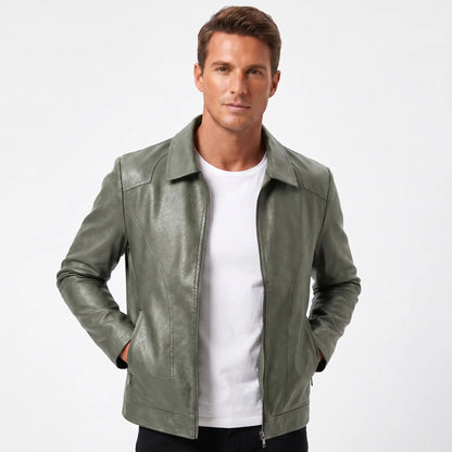 Men's Leather Fall Jacket Point Collar Zip-Up Relaxed-Fit Edenforth
