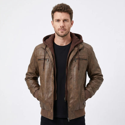 Men's Hooded Leather Jacket Washed Fall Bomber Zip Chest Pockets Edenforth