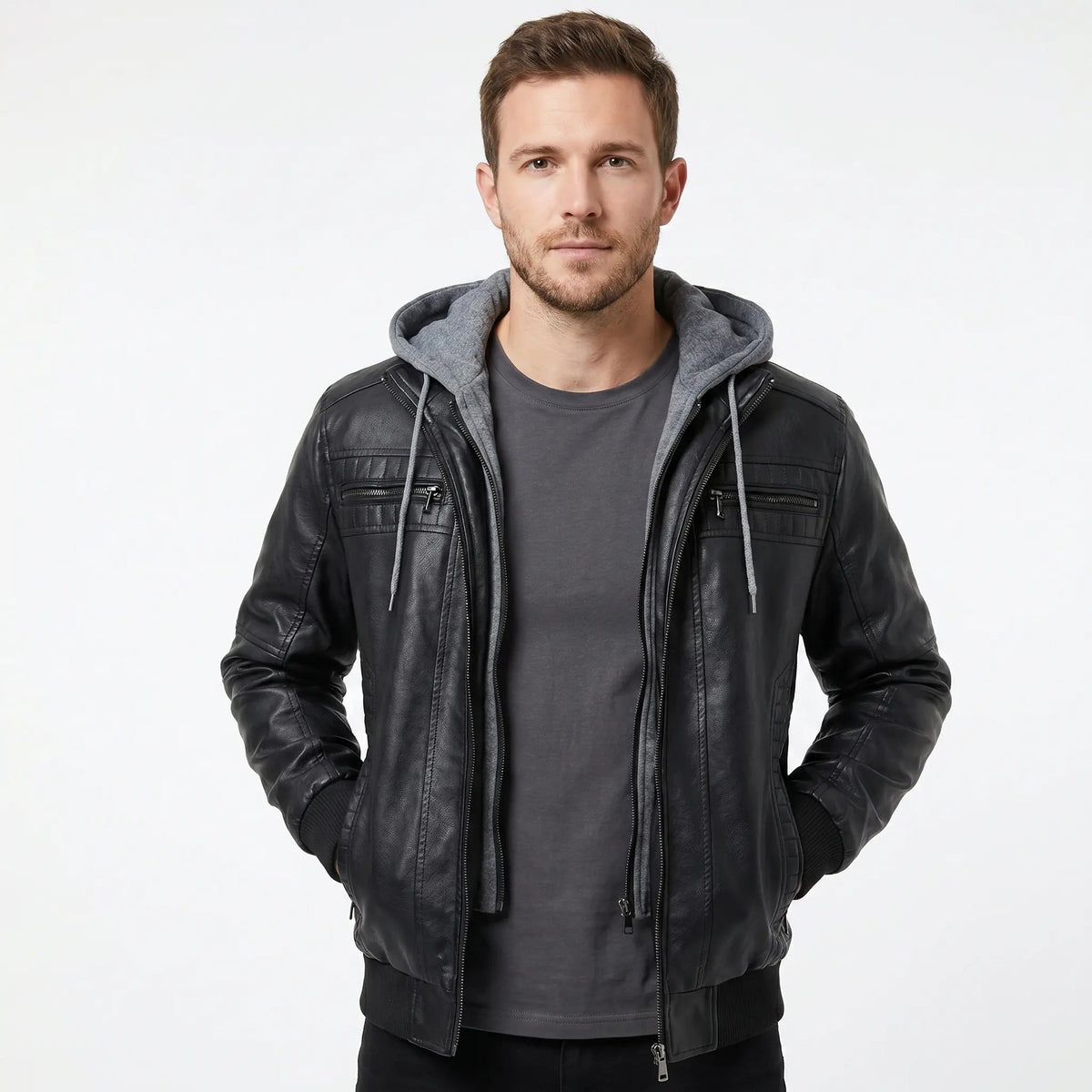 Men's Hooded Leather Jacket Washed Fall Bomber Zip Chest Pockets Edenforth