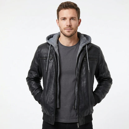 Men's Hooded Leather Jacket Washed Fall Bomber Zip Chest Pockets Edenforth