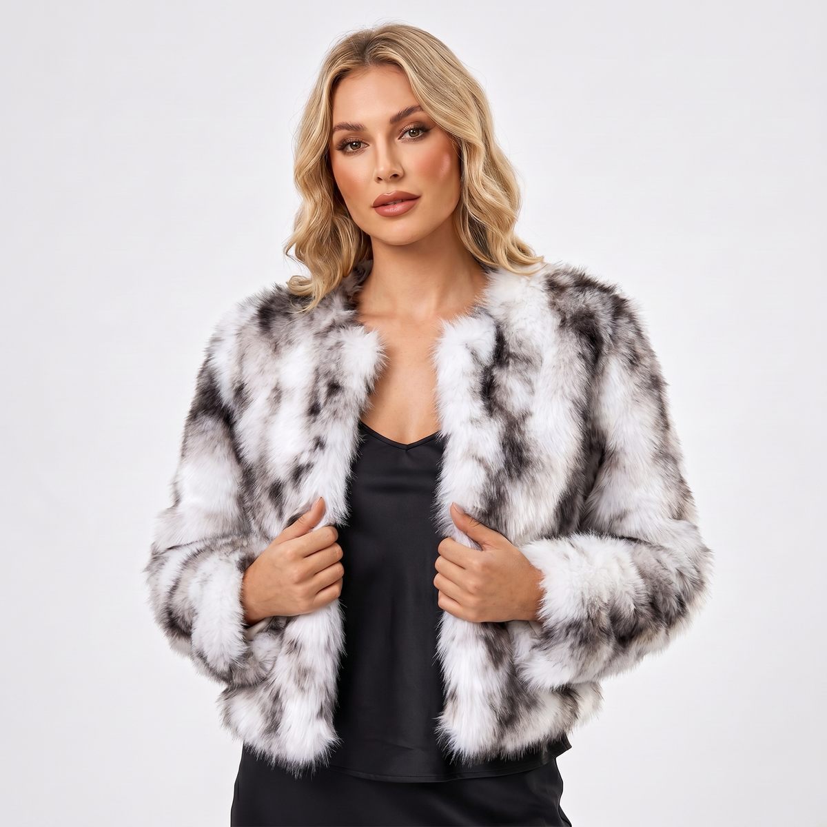 Women's Faux-Fur Winter Jacket Cropped Open-Front Evening Wear Edenforth