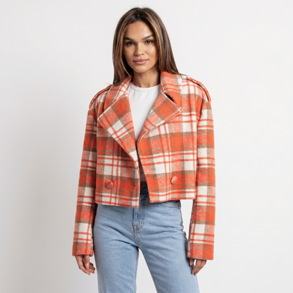 Women's Wool Cropped Jacket Oversized Check Notch Lapel Boxy Edenforth