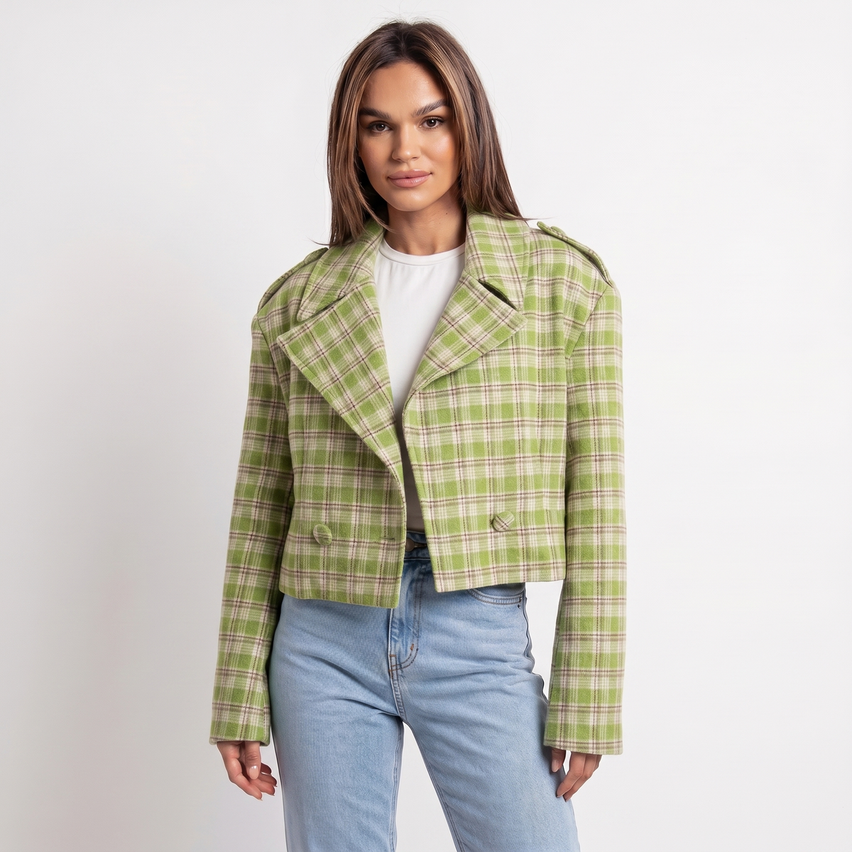 Women's Wool Cropped Jacket Oversized Check Notch Lapel Boxy Edenforth