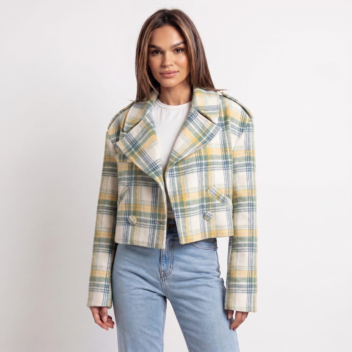 Women's Wool Cropped Jacket Oversized Check Notch Lapel Boxy Edenforth
