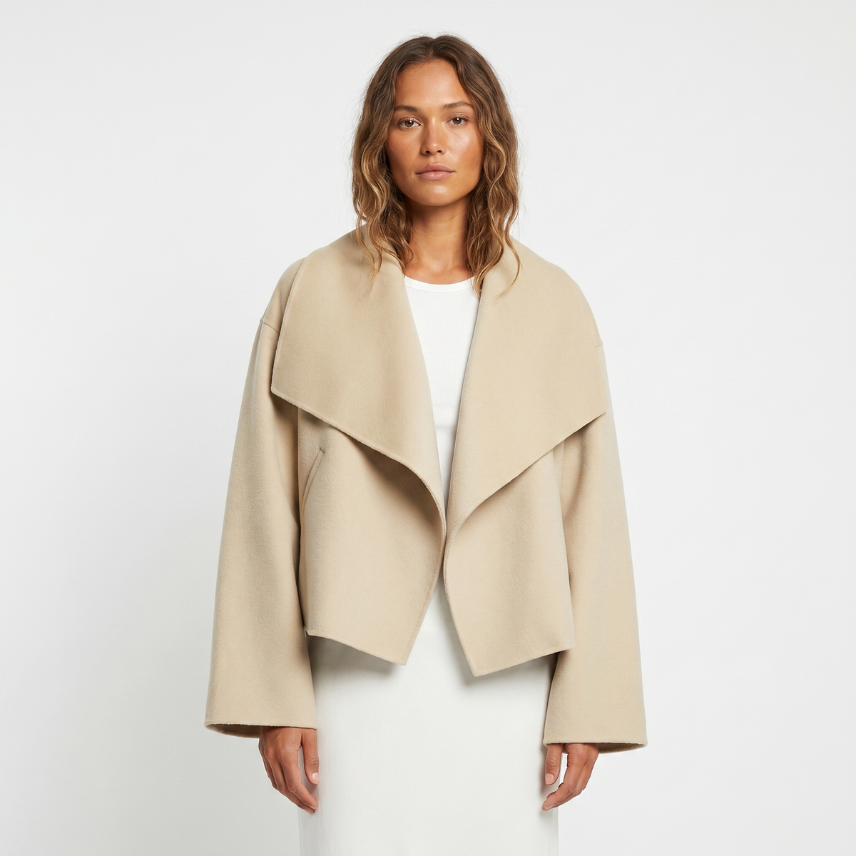 Women's Cropped Winter Coat Waterfall Lapel Wool-Look Boxy Open-Front Edenforth