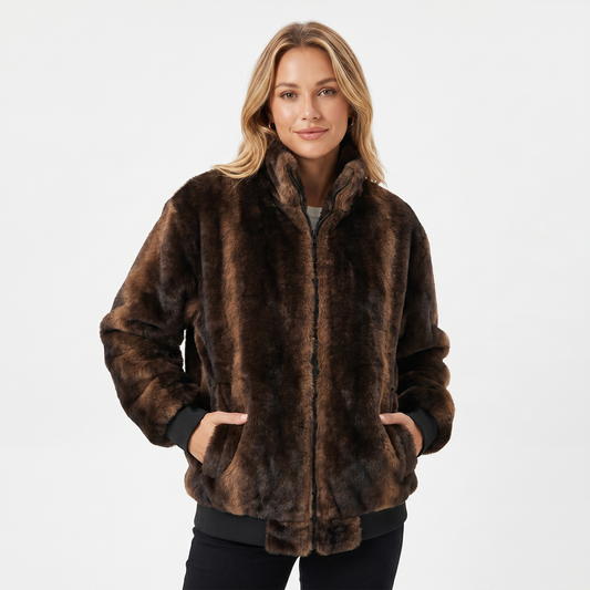 Women's Fur Bomber Fall Jacket Faux Mink Zip-Up Stand Collar Ribbed Hem Edenforth