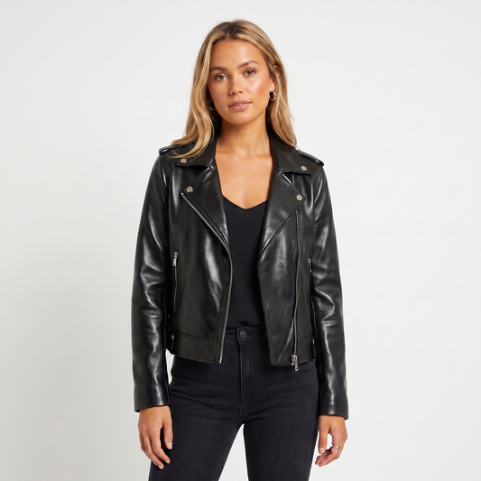 Women's Leather Fall Jacket Biker Asymmetric Zip Notch Lapel Cropped Edenforth
