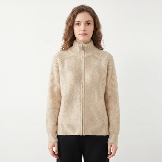 Women's Fluffy Winter Cardigan Ribbed Zip-Up Funnel-Neck Knit Fitted Edenforth