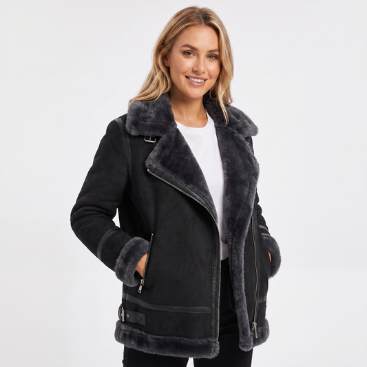 Women's Sherpa Winter Jacket Suede-Look Aviator Tonal Lined Edenforth