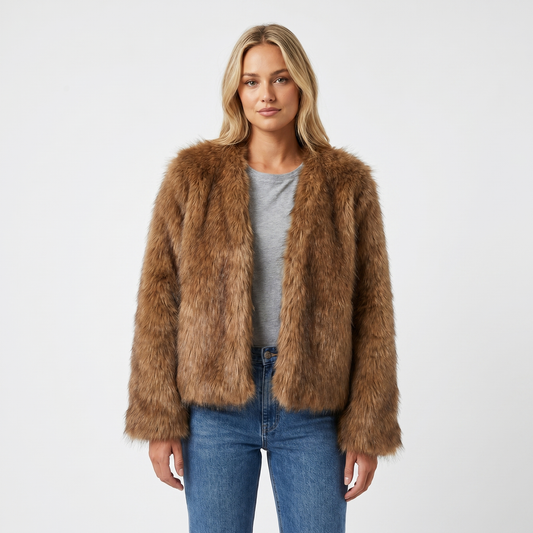 Women's Faux-Fur Winter Jacket Open-Front Collarless Shaggy Pile Edenforth