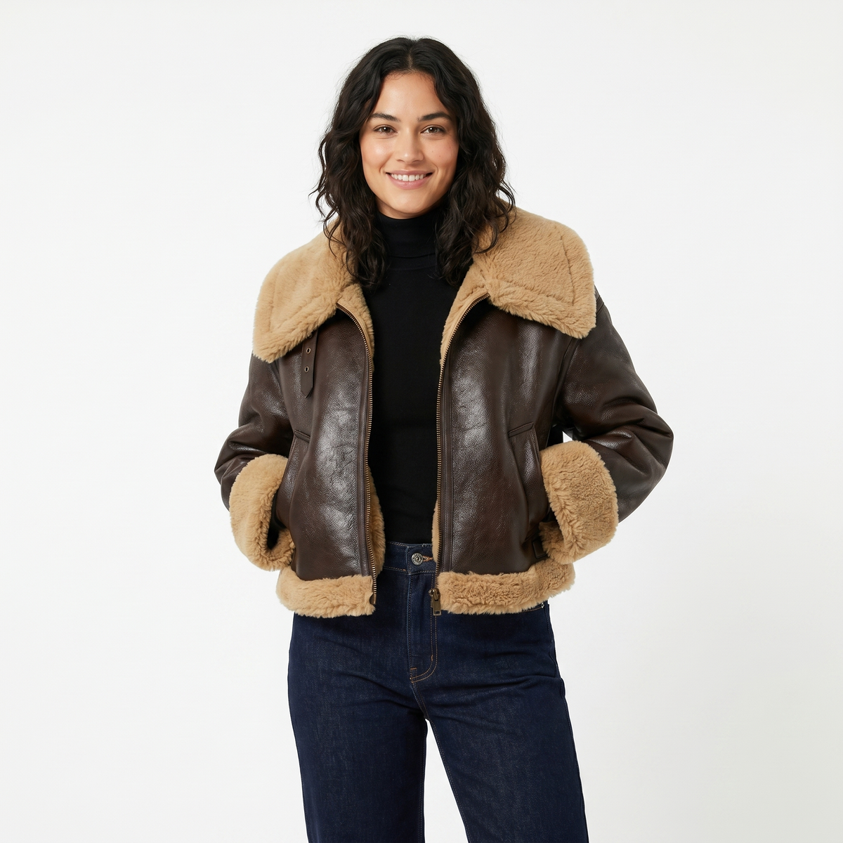 Women's Bomber Fall Jacket Leather-Look Shearling Trim Contrast Collar Edenforth