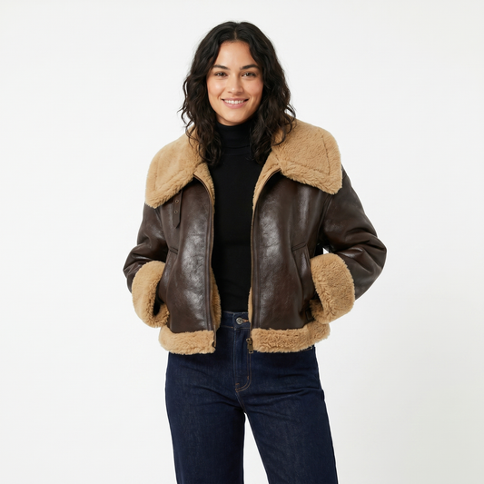 Women's Bomber Fall Jacket Leather-Look Shearling Trim Contrast Collar Edenforth