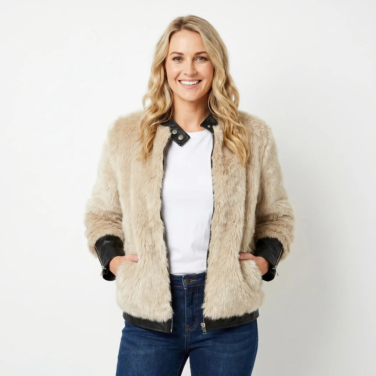 Women's Faux-Fur Bomber Fall Jacket Leather-Look Contrast Trim Cropped Edenforth