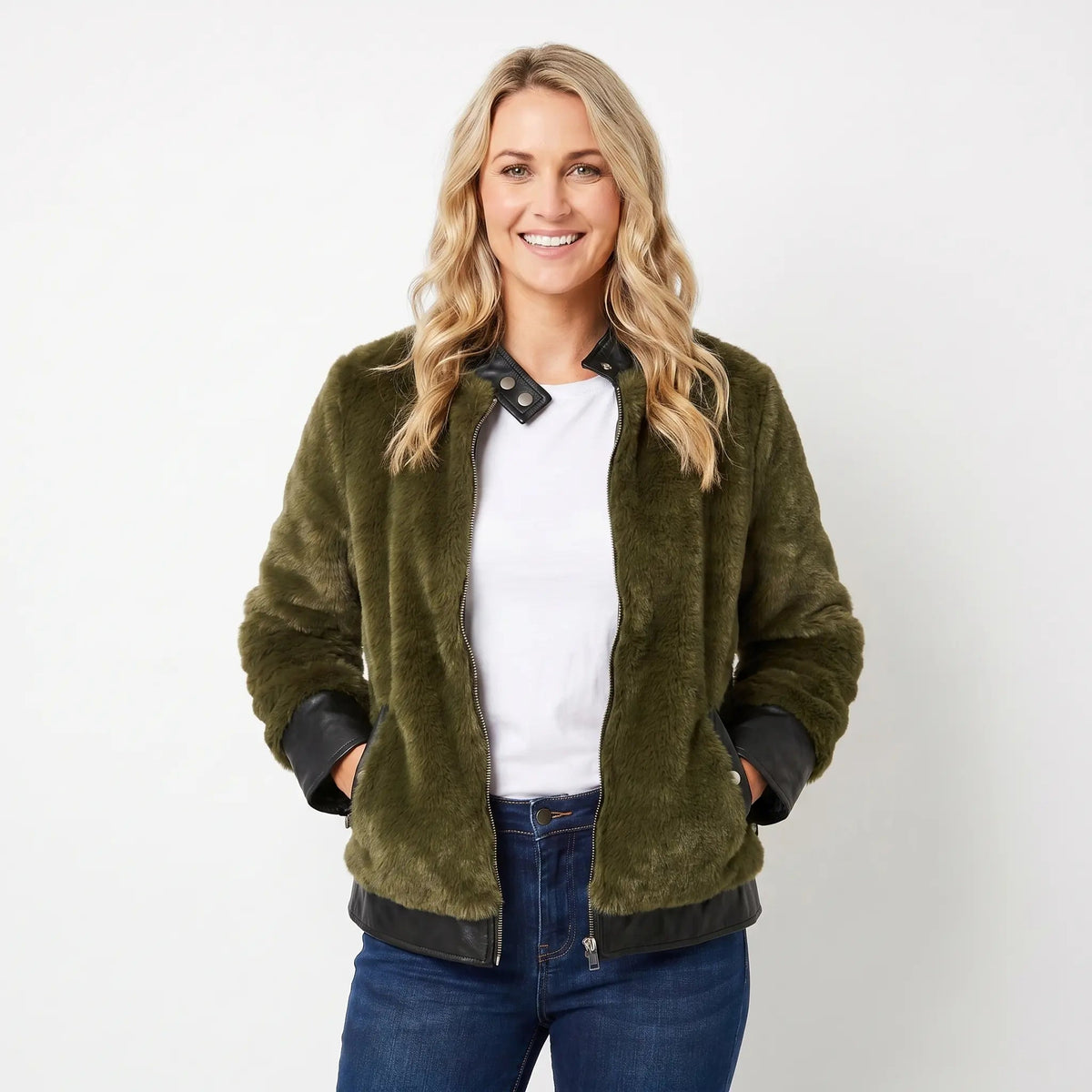 Women's Faux-Fur Bomber Fall Jacket Leather-Look Contrast Trim Cropped Edenforth