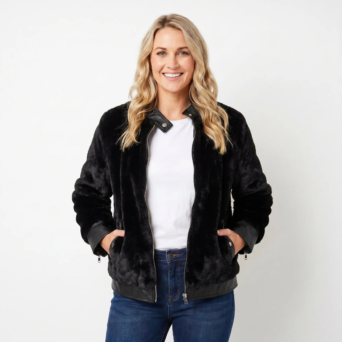 Women's Faux-Fur Bomber Fall Jacket Leather-Look Contrast Trim Cropped Edenforth