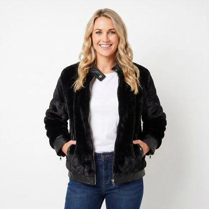 Women's Faux-Fur Bomber Fall Jacket Leather-Look Contrast Trim Cropped Edenforth