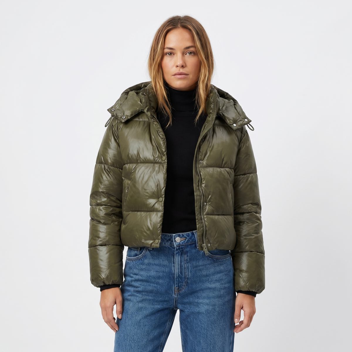 Women's Puffer Winter Jacket Cropped Hooded Glossy Shell Box Quilt Edenforth
