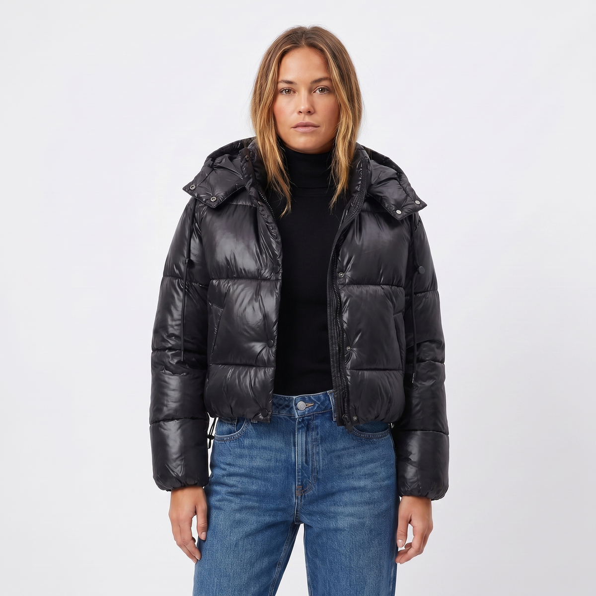Women's Puffer Winter Jacket Cropped Hooded Glossy Shell Box Quilt Edenforth