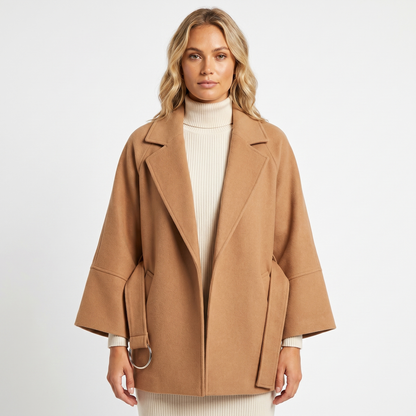 Women's Wool-Look Jacket Oversized Belted D-Ring Wide Sleeve Crop Edenforth