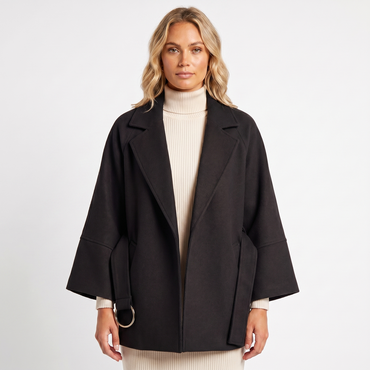 Women's Wool-Look Jacket Oversized Belted D-Ring Wide Sleeve Crop Edenforth