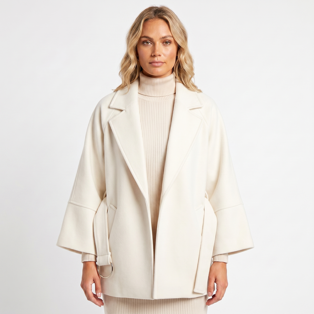 Women's Wool-Look Jacket Oversized Belted D-Ring Wide Sleeve Crop Edenforth