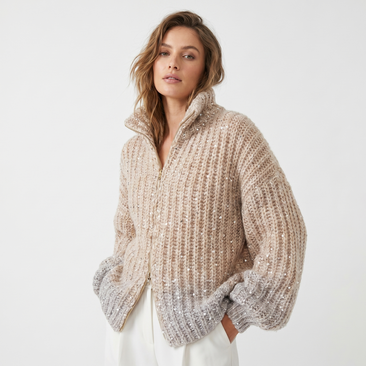 Women's Oversized Winter Cardigan Chunky Knit Sequin Zip-Up Funnel-Neck Edenforth