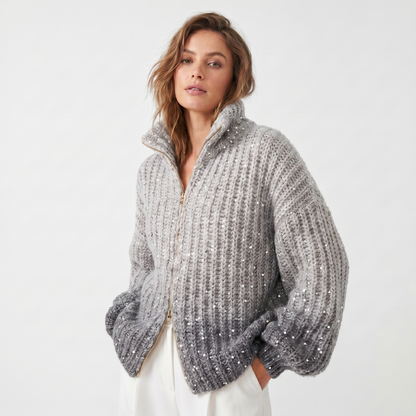 Women's Oversized Winter Cardigan Chunky Knit Sequin Zip-Up Funnel-Neck Edenforth