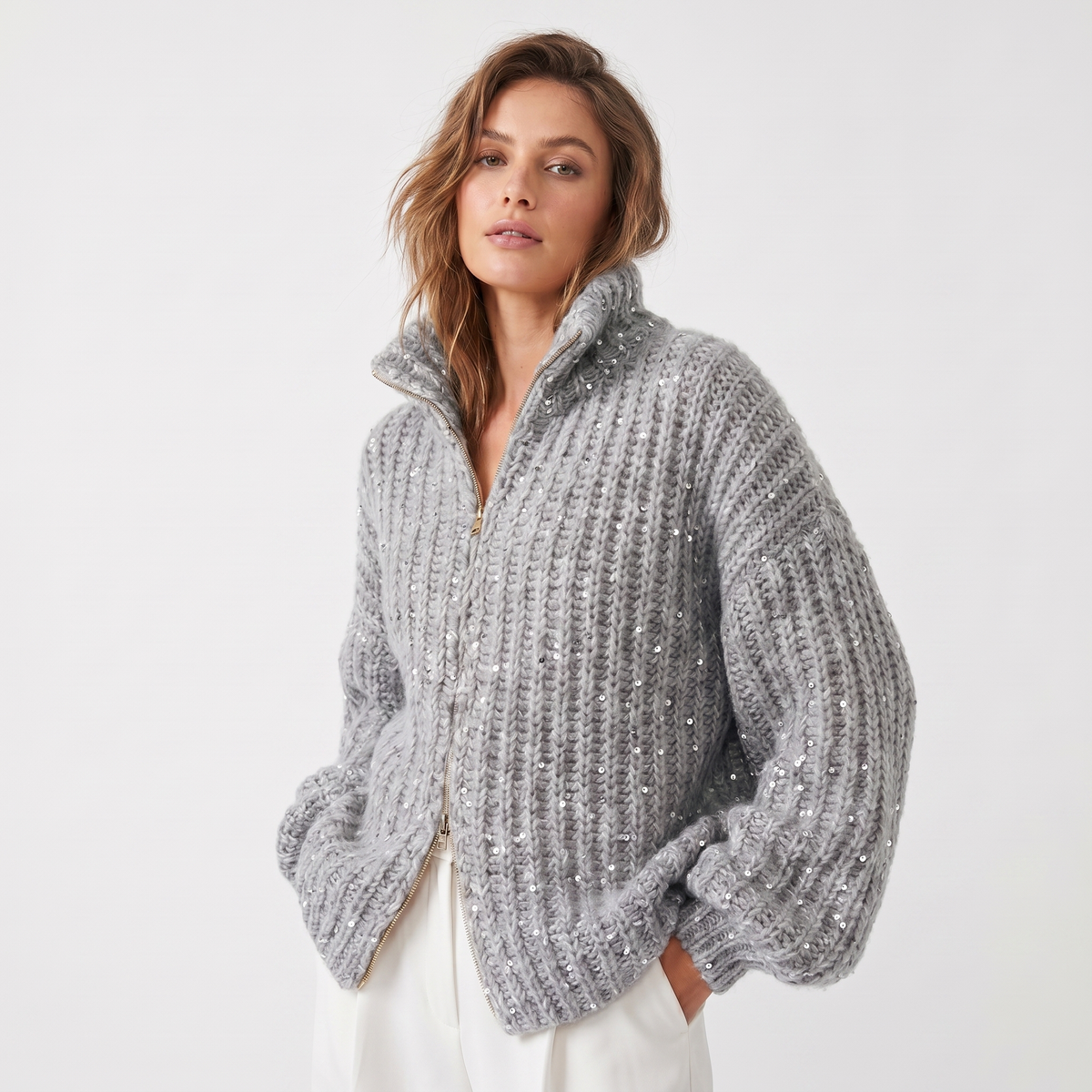 Women's Oversized Winter Cardigan Chunky Knit Sequin Zip-Up Funnel-Neck Edenforth