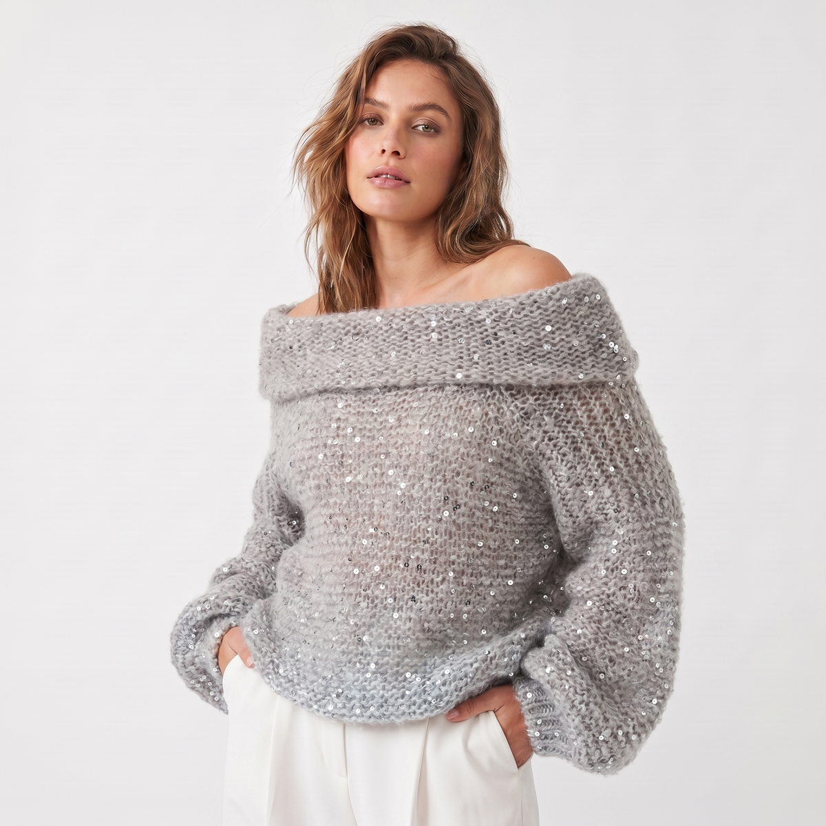 Women's Oversized Winter Cardigan Chunky Knit Sequin Zip-Up Funnel-Neck Edenforth