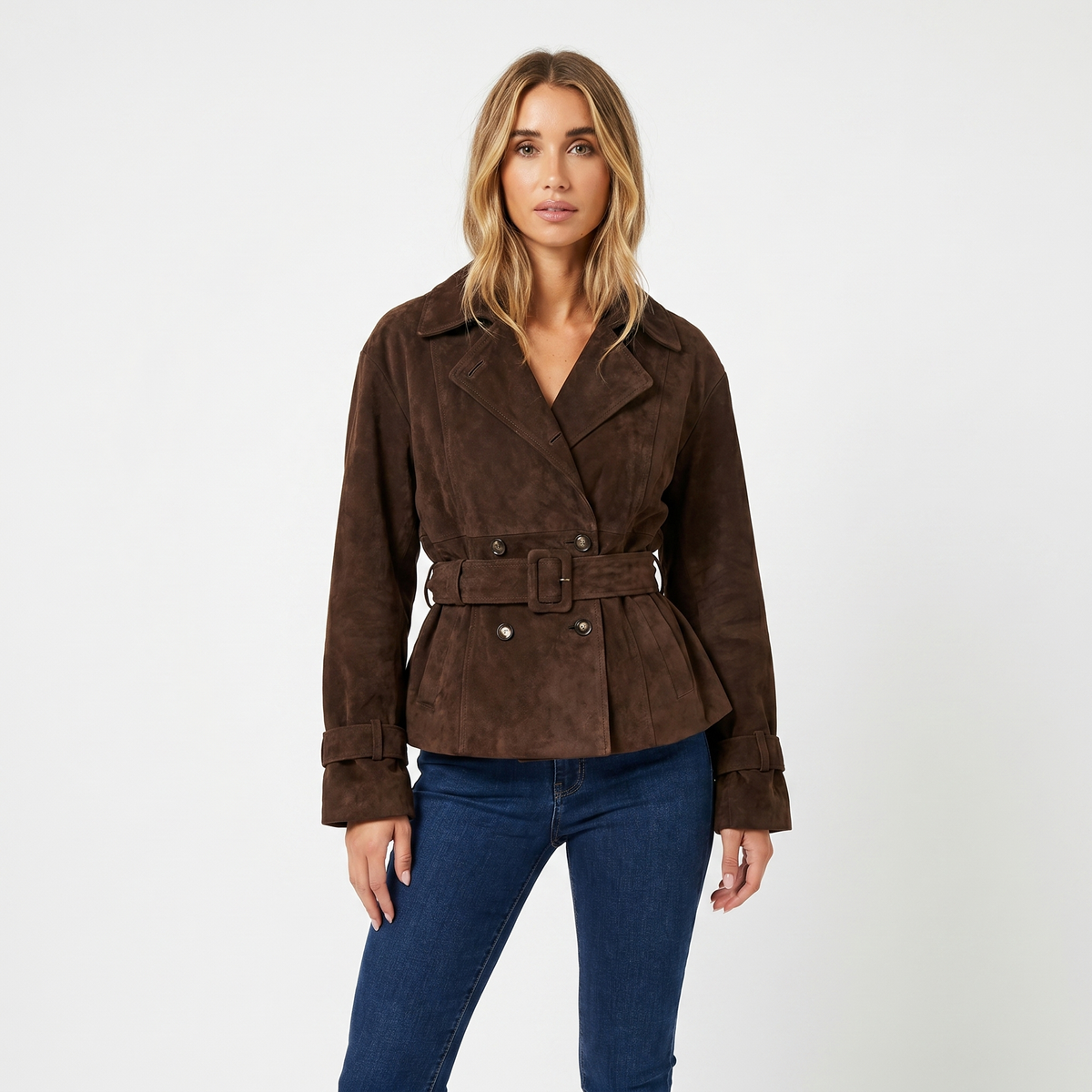 Women's Suede Jacket Double-Breasted Belted Peplum Waist Edenforth