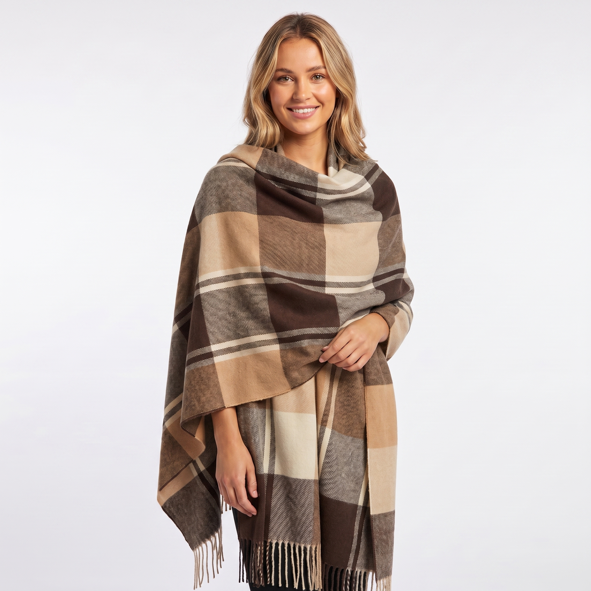 Women's Shawl Winter Scarf Oversized Check Blanket Fringe Wool-Look Edenforth