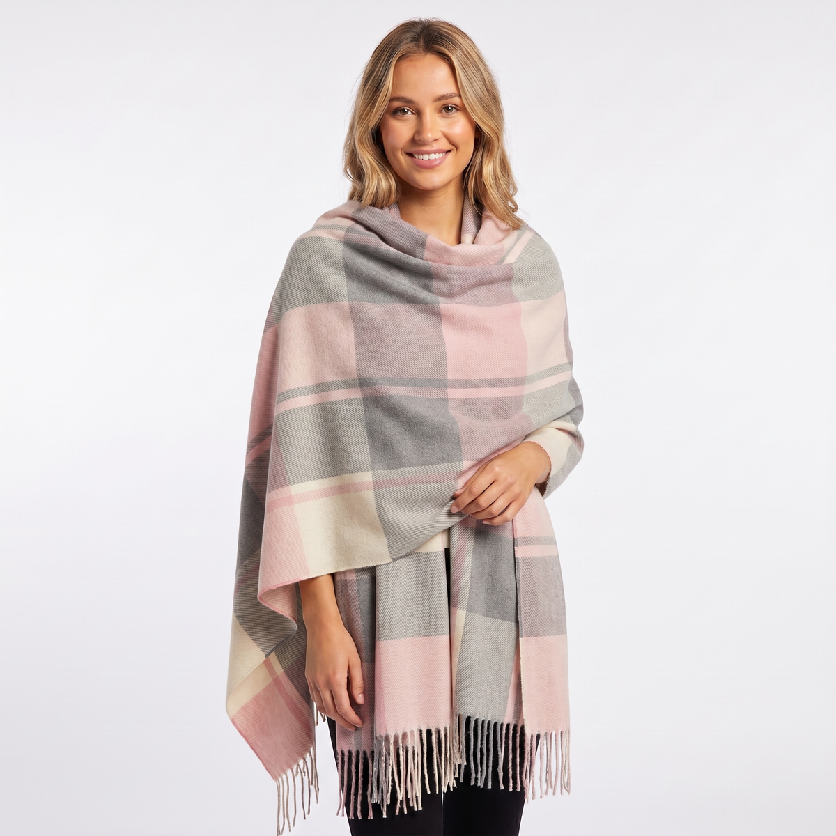 Women's Shawl Winter Scarf Oversized Check Blanket Fringe Wool-Look Edenforth
