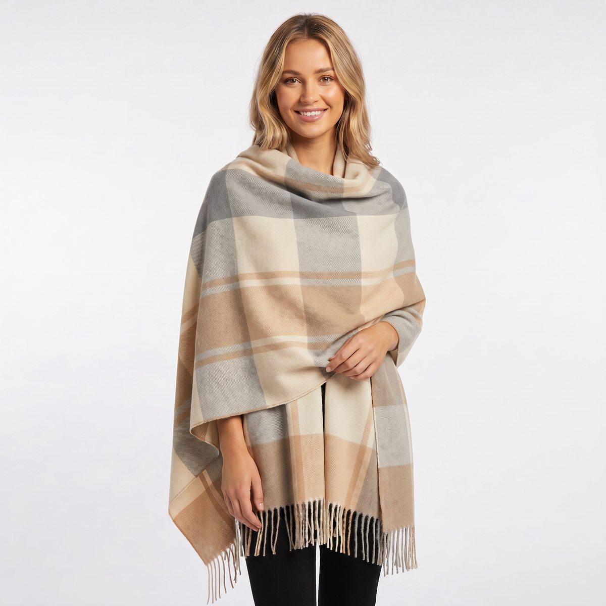 Women's Shawl Winter Scarf Oversized Check Blanket Fringe Wool-Look Edenforth