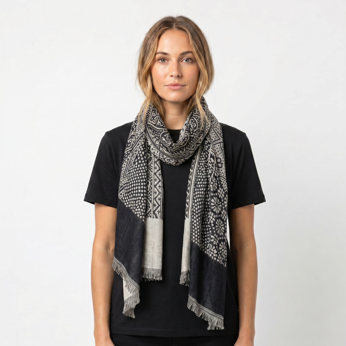 Women's Printed Winter Scarf Floral Geometric Lightweight Fringe Wrap Edenforth
