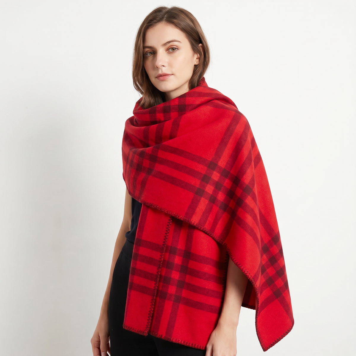 Women's Shawl Wrap Oversized Check Blanket Stitch Edge Woven Winter Edenforth