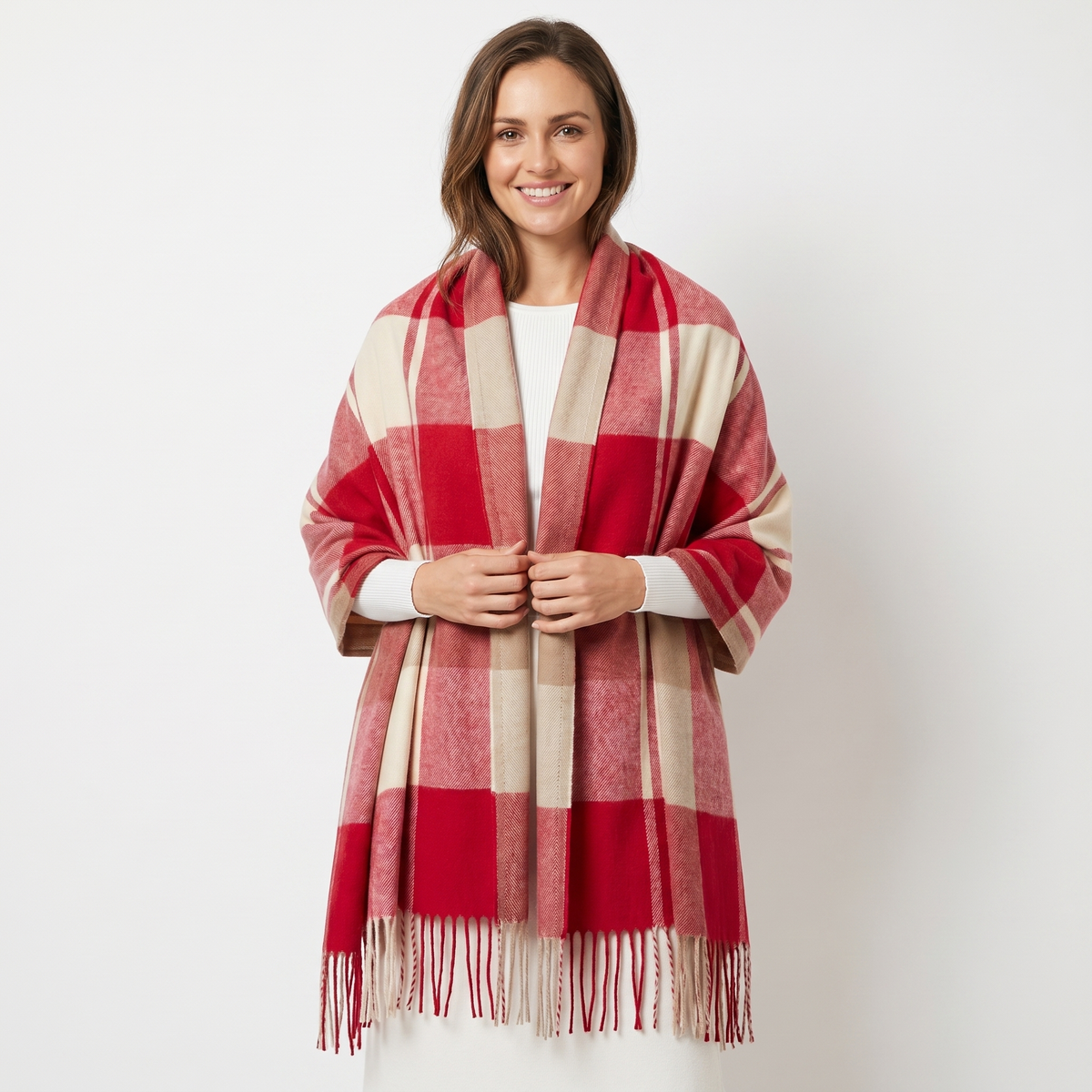 Women's Shawl Winter Scarf Oversized Check Woven Fringe Blanket Wrap Edenforth