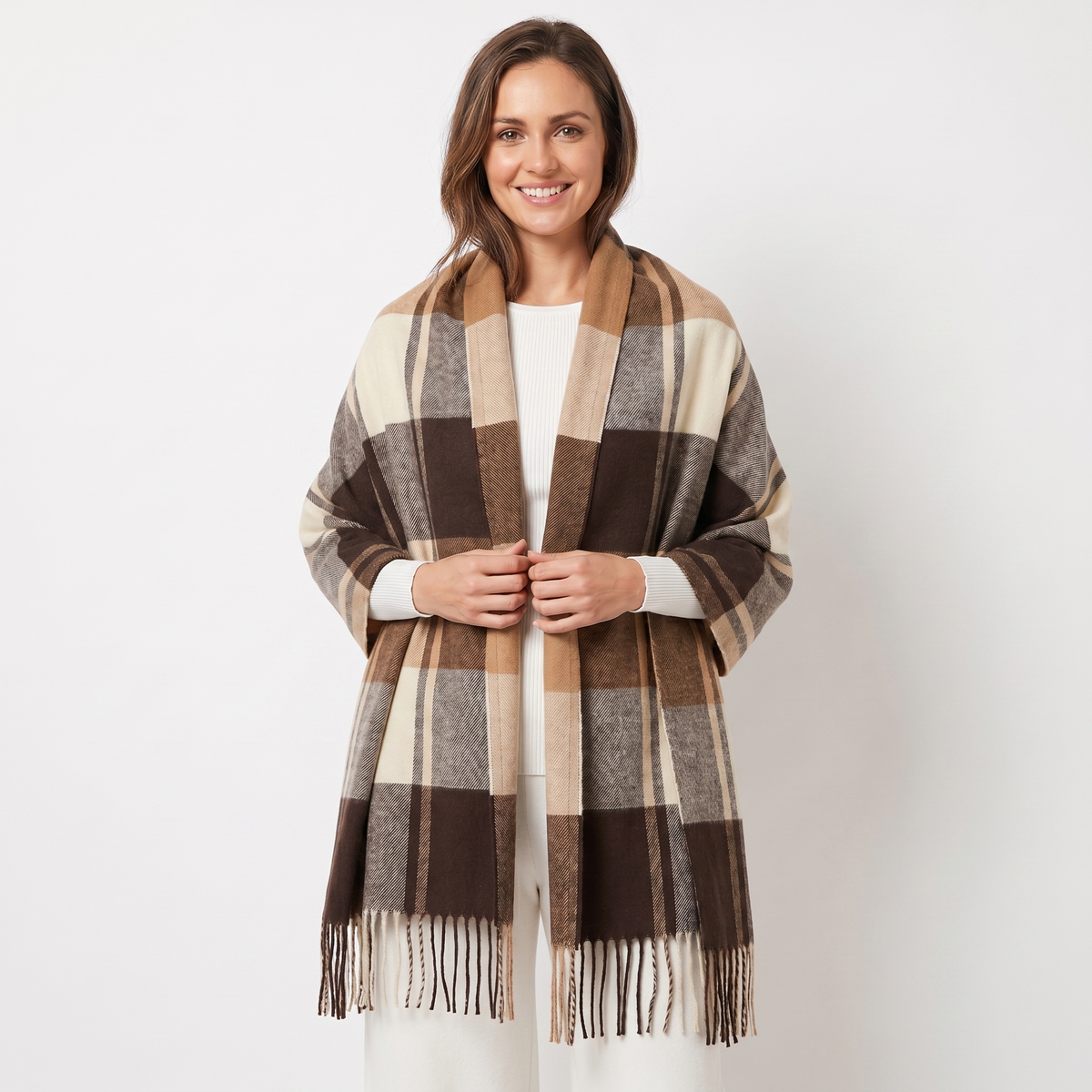 Women's Shawl Winter Scarf Oversized Check Woven Fringe Blanket Wrap Edenforth