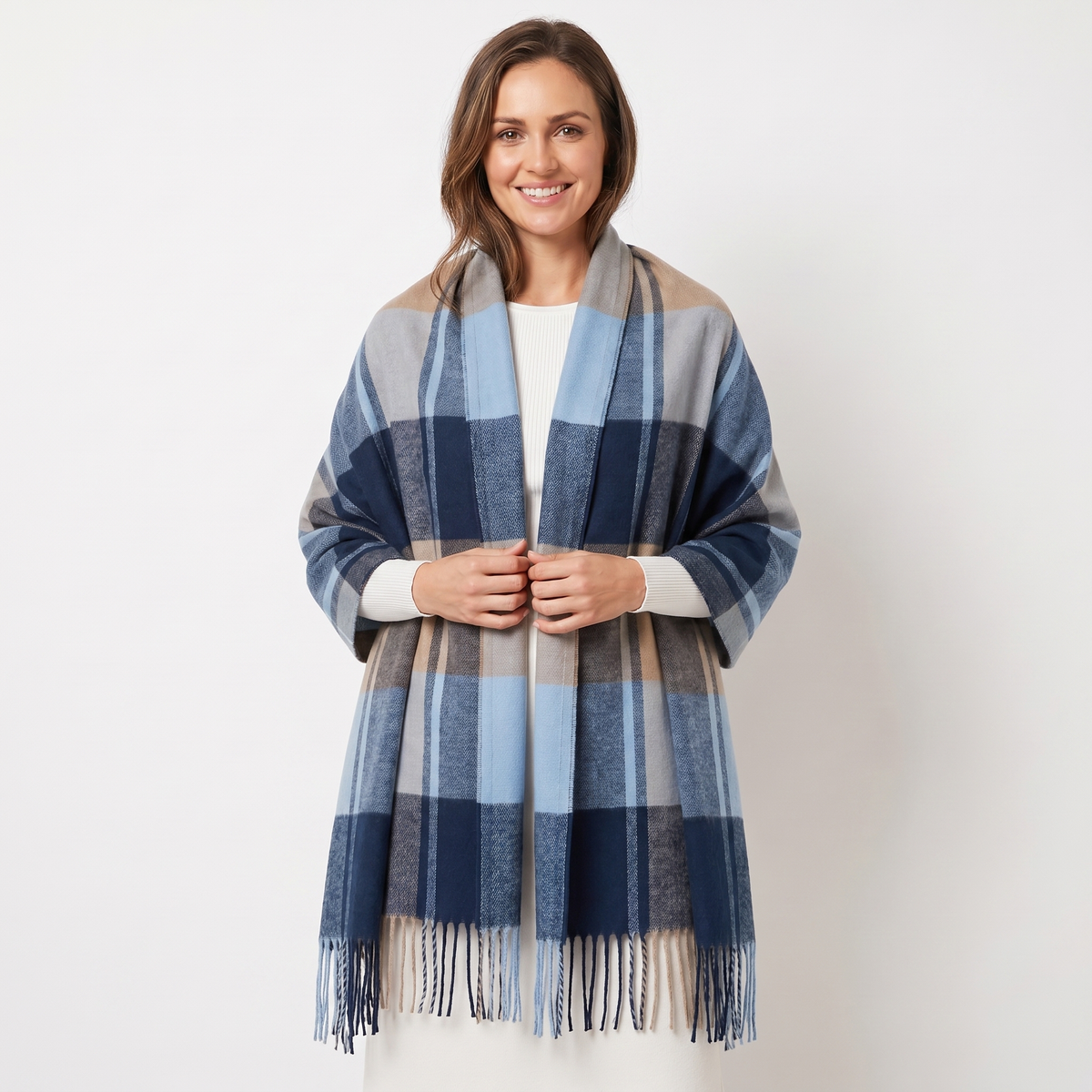 Women's Shawl Winter Scarf Oversized Check Woven Fringe Blanket Wrap Edenforth