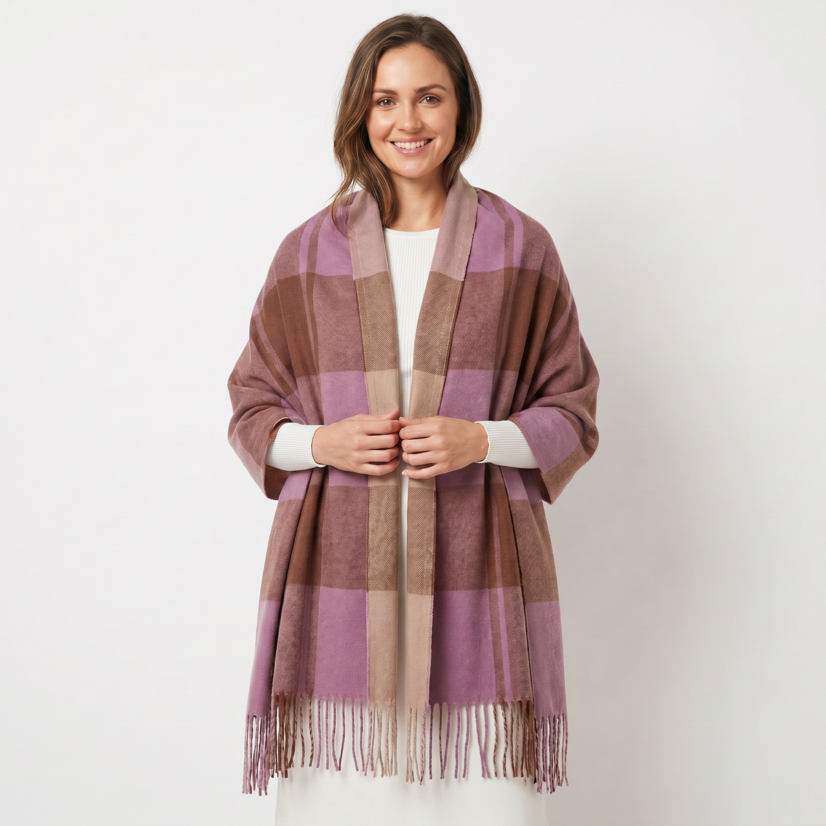 Women's Shawl Winter Scarf Oversized Check Woven Fringe Blanket Wrap Edenforth