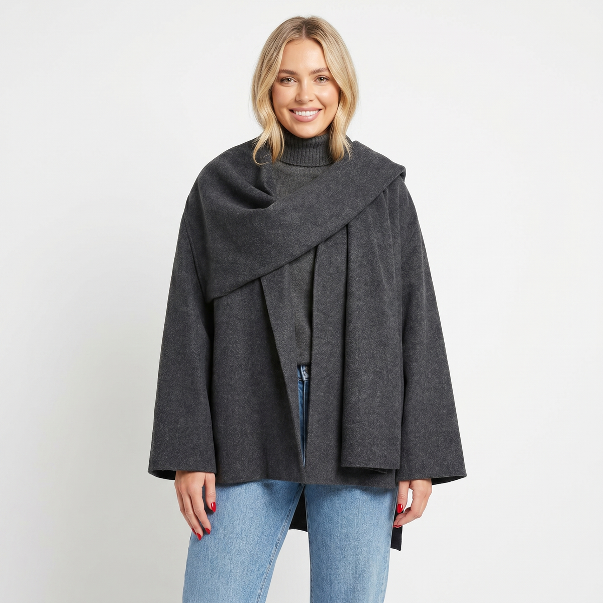 Women's Cape Jacket Wool-Look Attached Winter Scarf Wrap Open-Front Edenforth