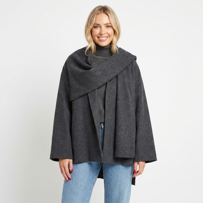 Women's Cape Jacket Wool-Look Attached Winter Scarf Wrap Open-Front Edenforth