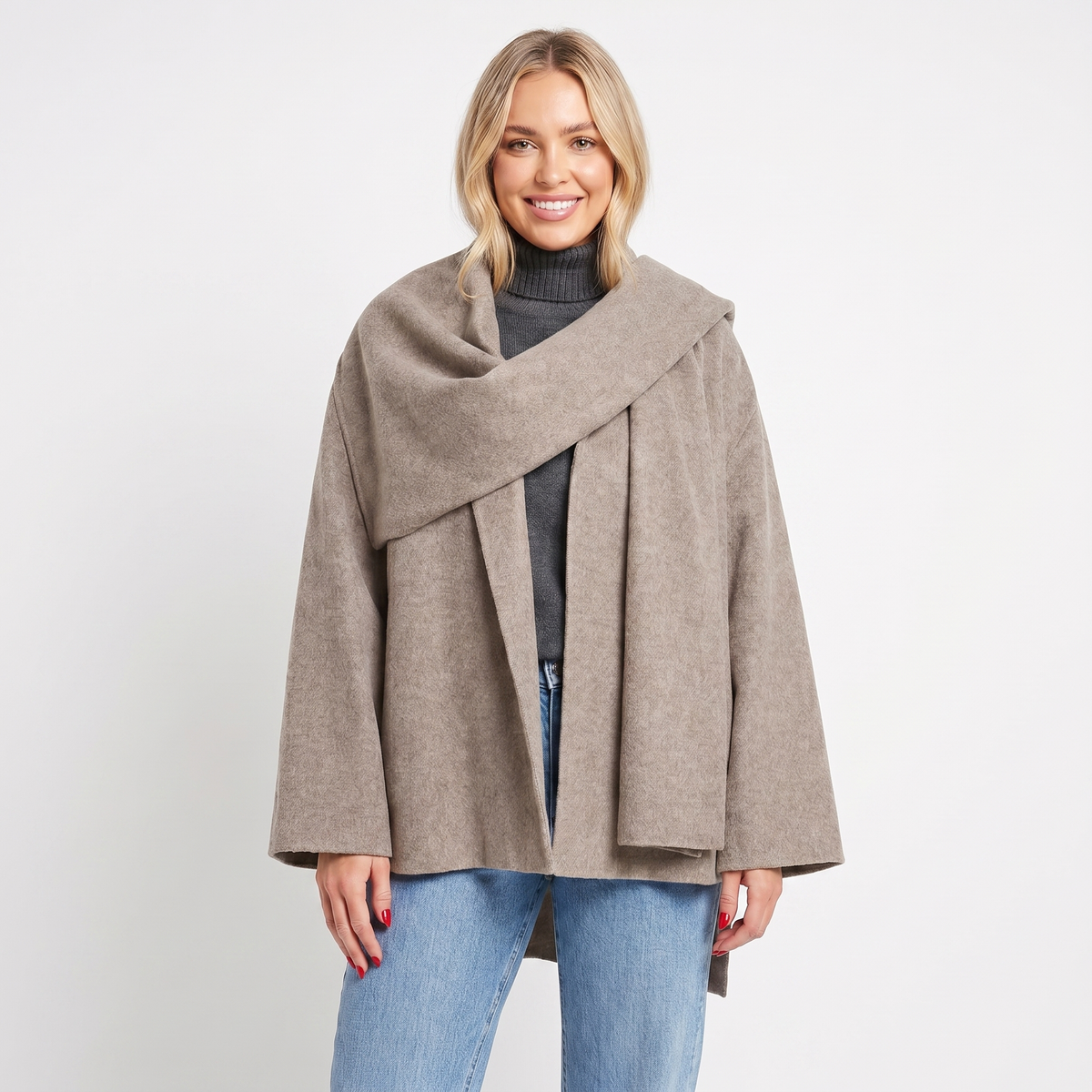 Women's Cape Jacket Wool-Look Attached Winter Scarf Wrap Open-Front Edenforth