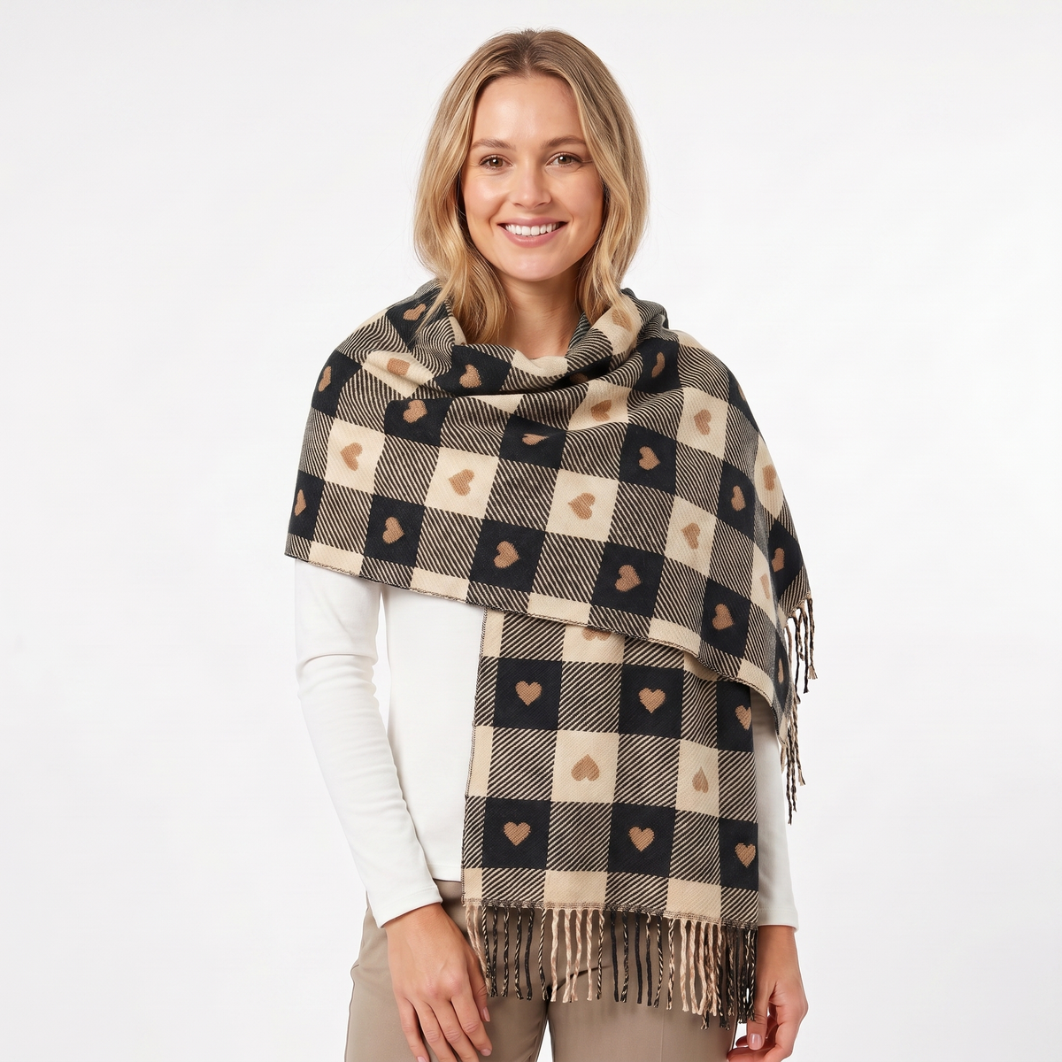 Women's Shawl Winter Scarf Heart Check Woven Fringe Blanket Wrap Edenforth