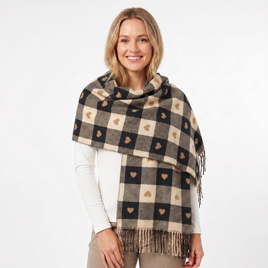 Women's Shawl Winter Scarf Heart Check Woven Fringe Blanket Wrap Edenforth