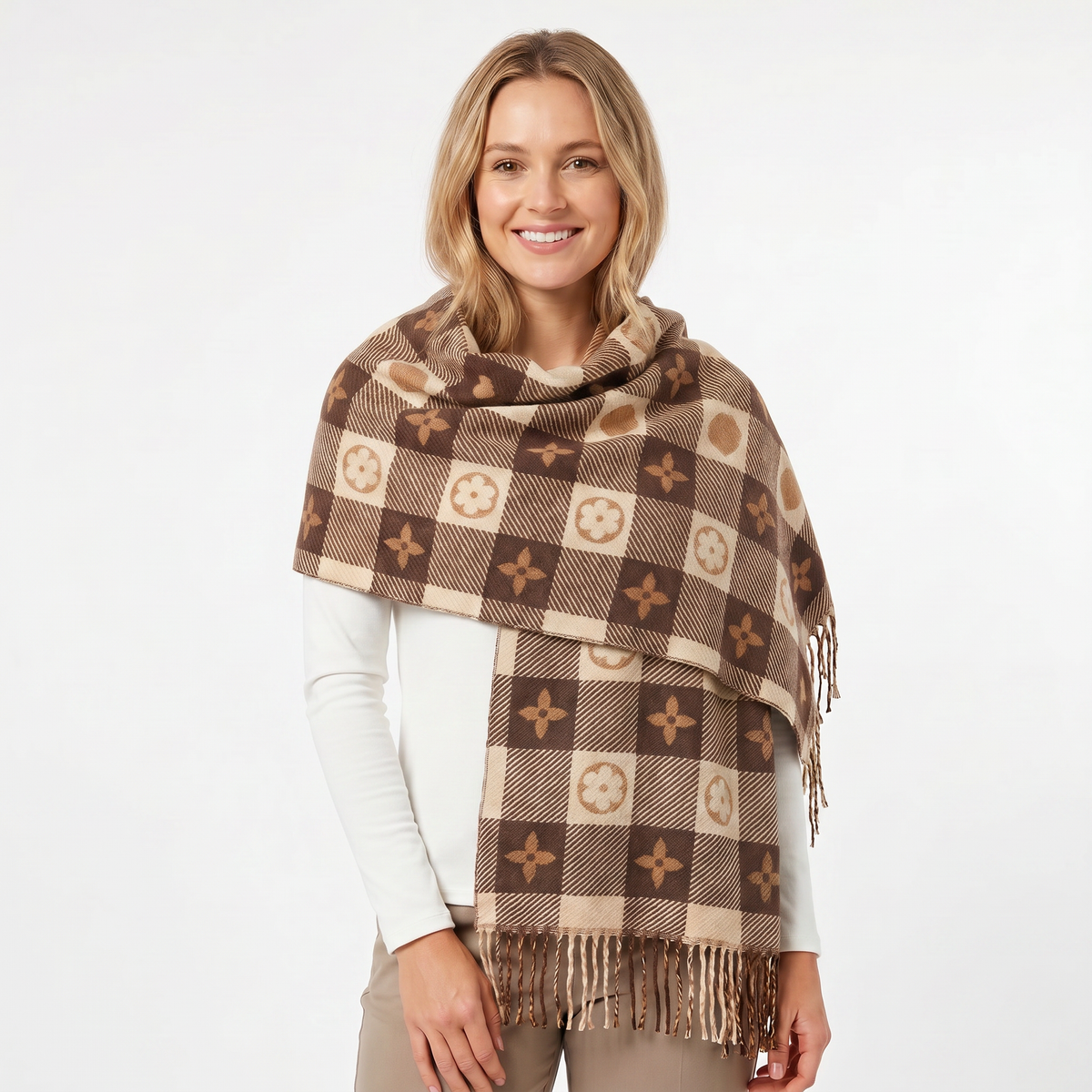 Women's Shawl Winter Scarf Heart Check Woven Fringe Blanket Wrap Edenforth