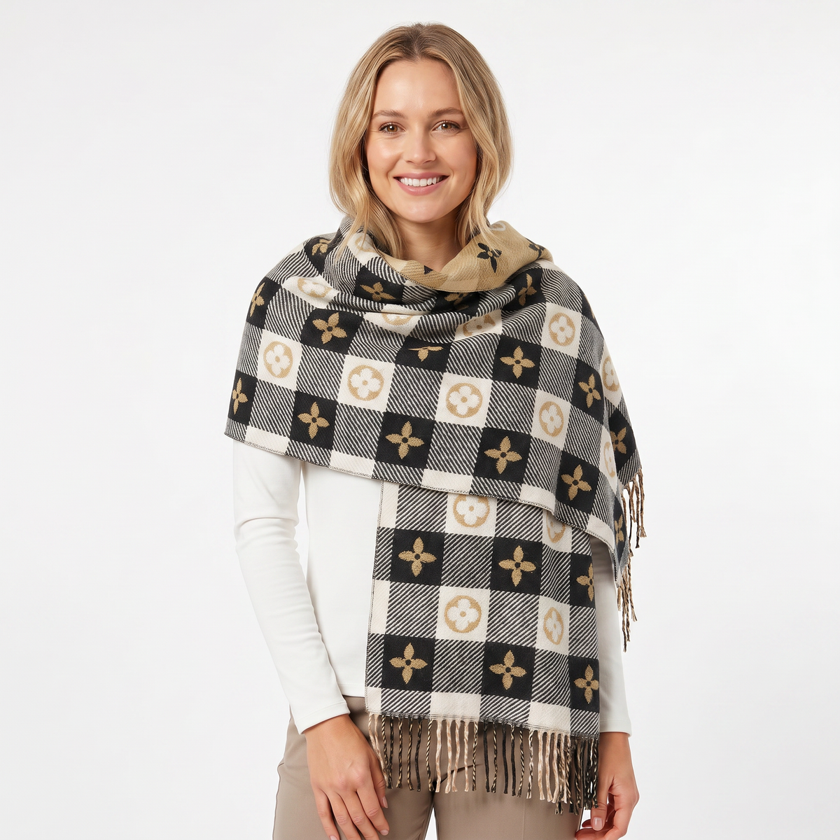 Women's Shawl Winter Scarf Heart Check Woven Fringe Blanket Wrap Edenforth