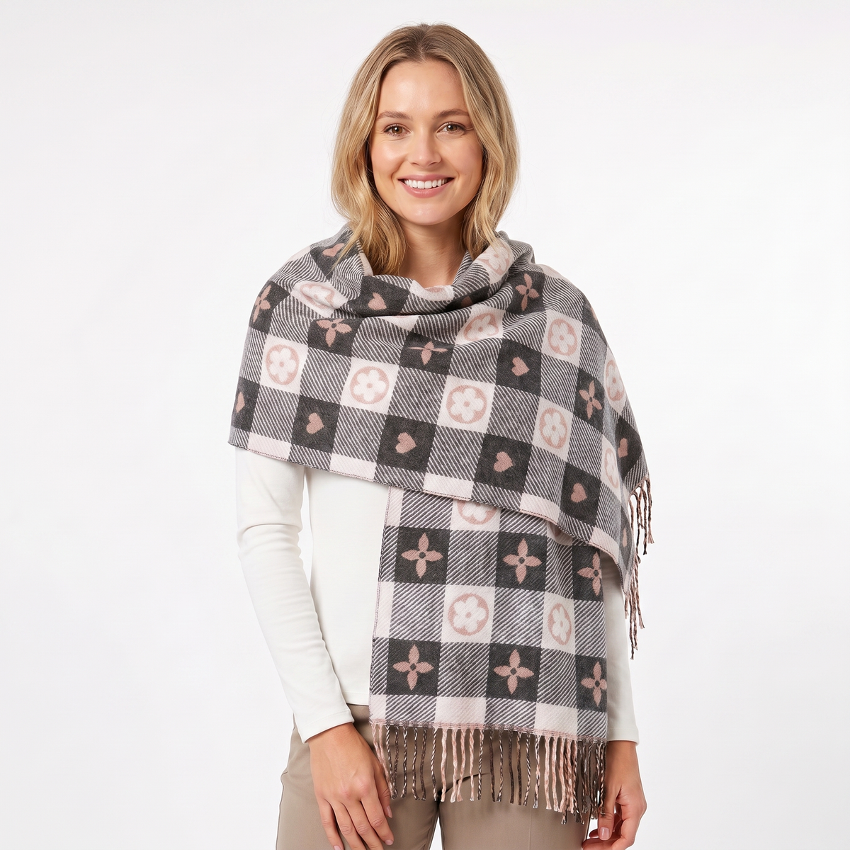 Women's Shawl Winter Scarf Heart Check Woven Fringe Blanket Wrap Edenforth