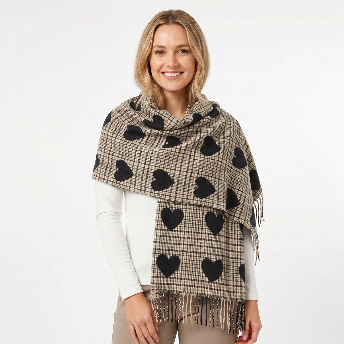 Women's Shawl Winter Scarf Heart Check Woven Fringe Blanket Wrap Edenforth