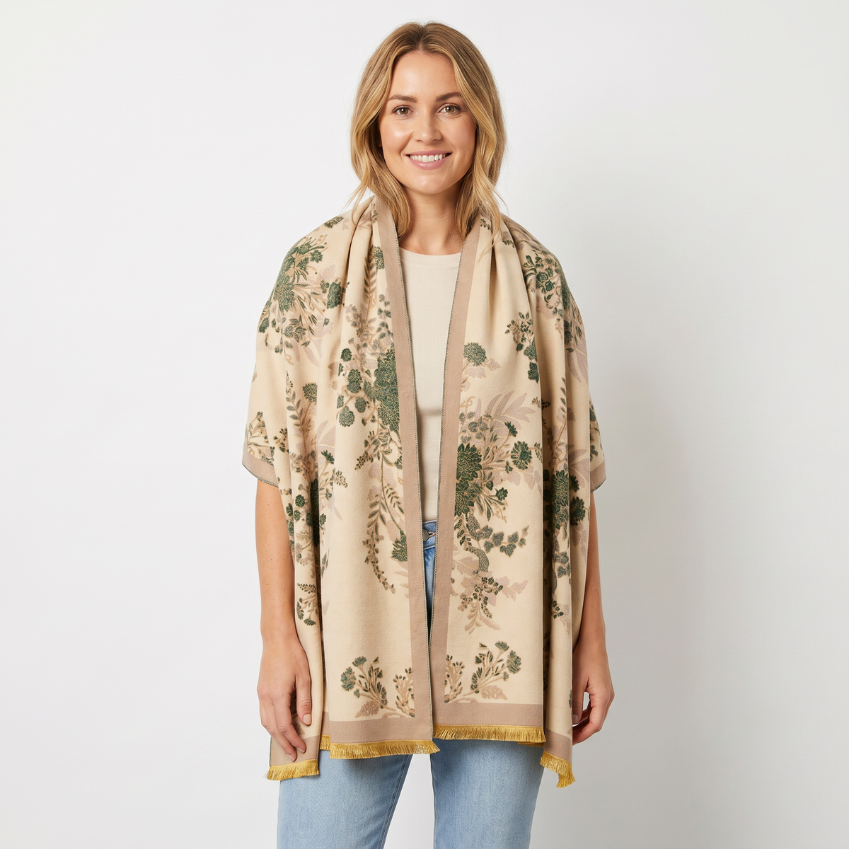 Women's Shawl Wrap Botanical Floral Woven Print Fringe Border Winter Edenforth